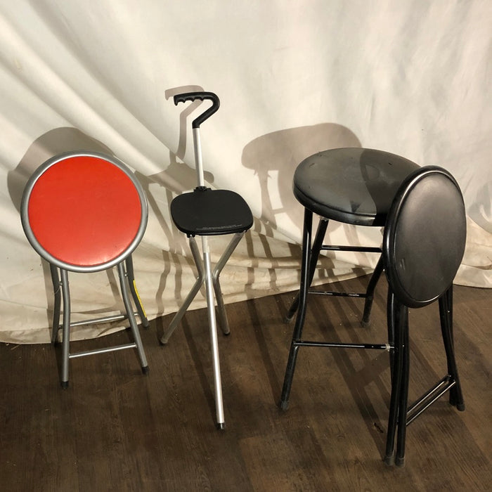 Folding Stools. Red 17.5H, Black 17.5H, Tiny square stool 21H, Gray 24H.